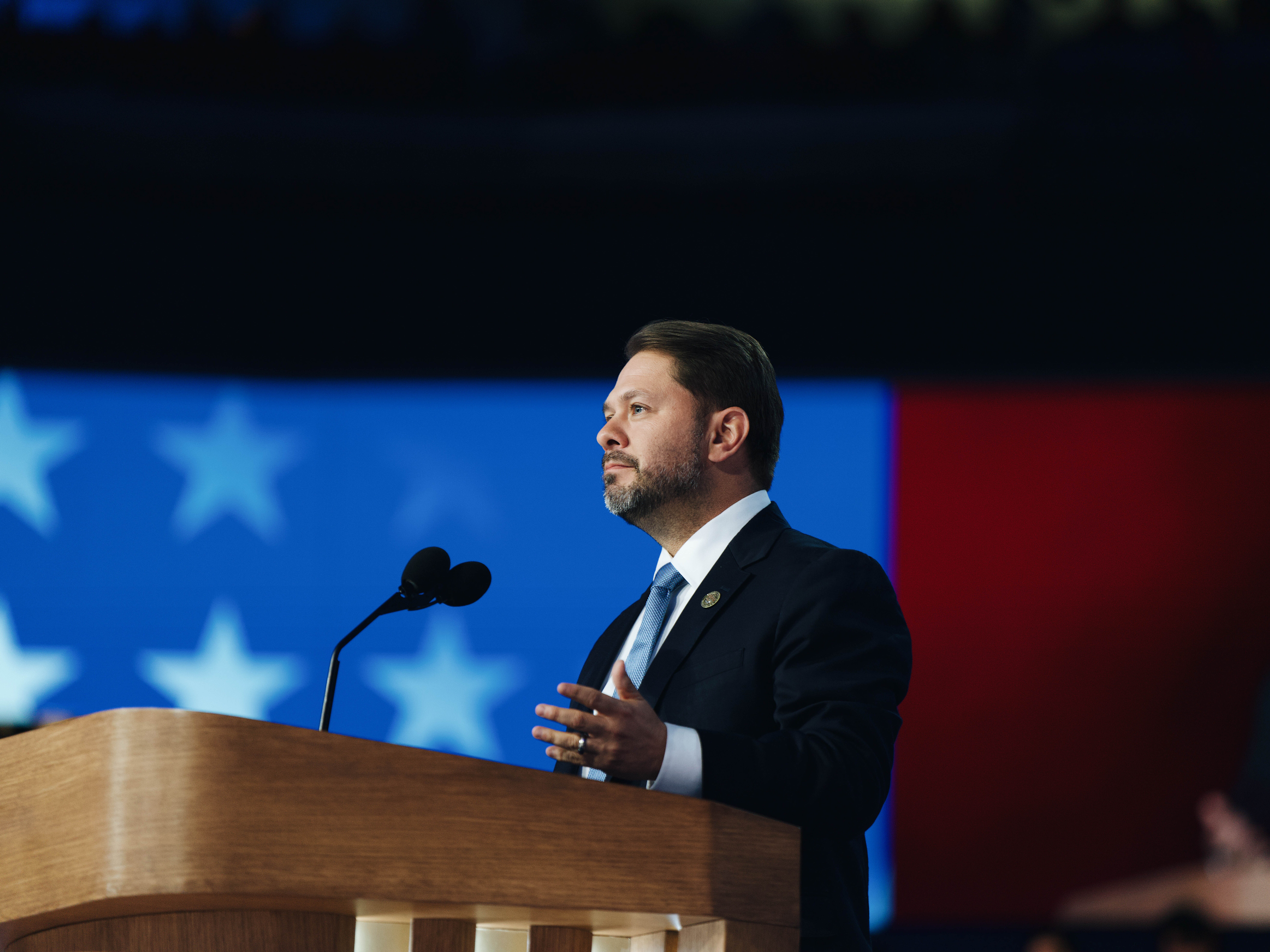 caption: Ruben Gallego speaks on August 22, 2024, the final night of the DNC.
