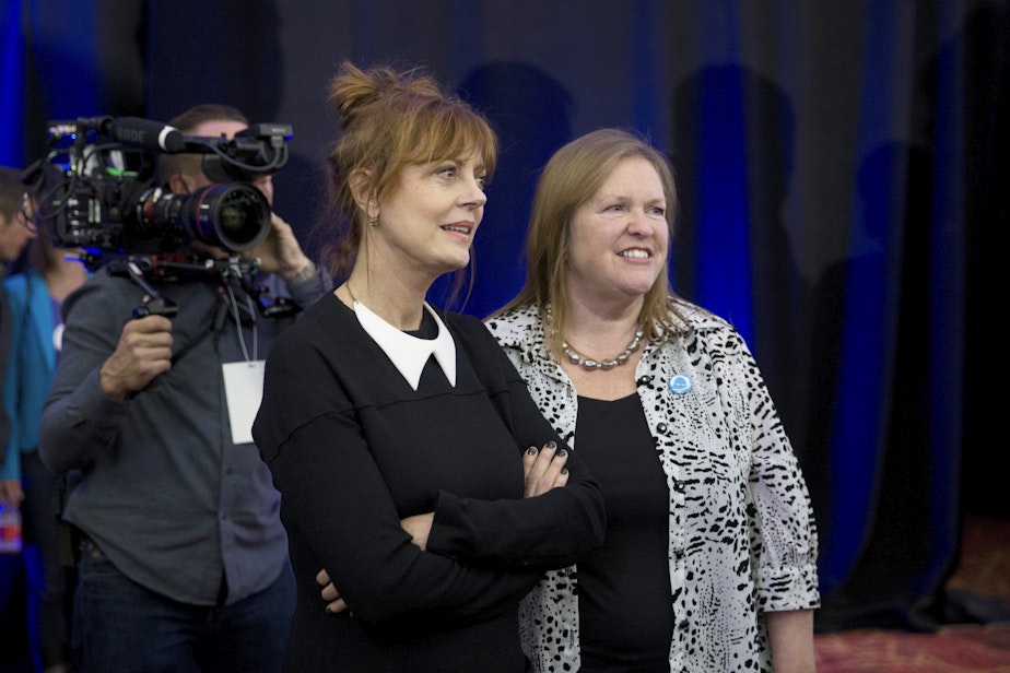 caption: Actress Susan Sarandon, left, and Jane Sanders, wife of Democratic presidential candidate Sen. Bernie Sanders (I-Vt.), at a dinner in Las Vegas, Thursday, Feb. 18, 2016.