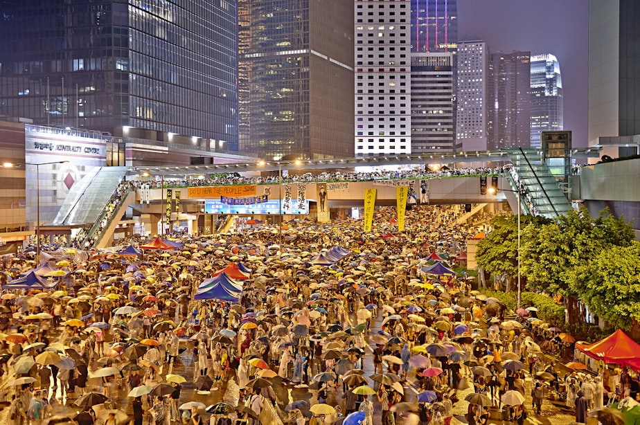 caption: A scene from the Hong Kong protests on October 3.