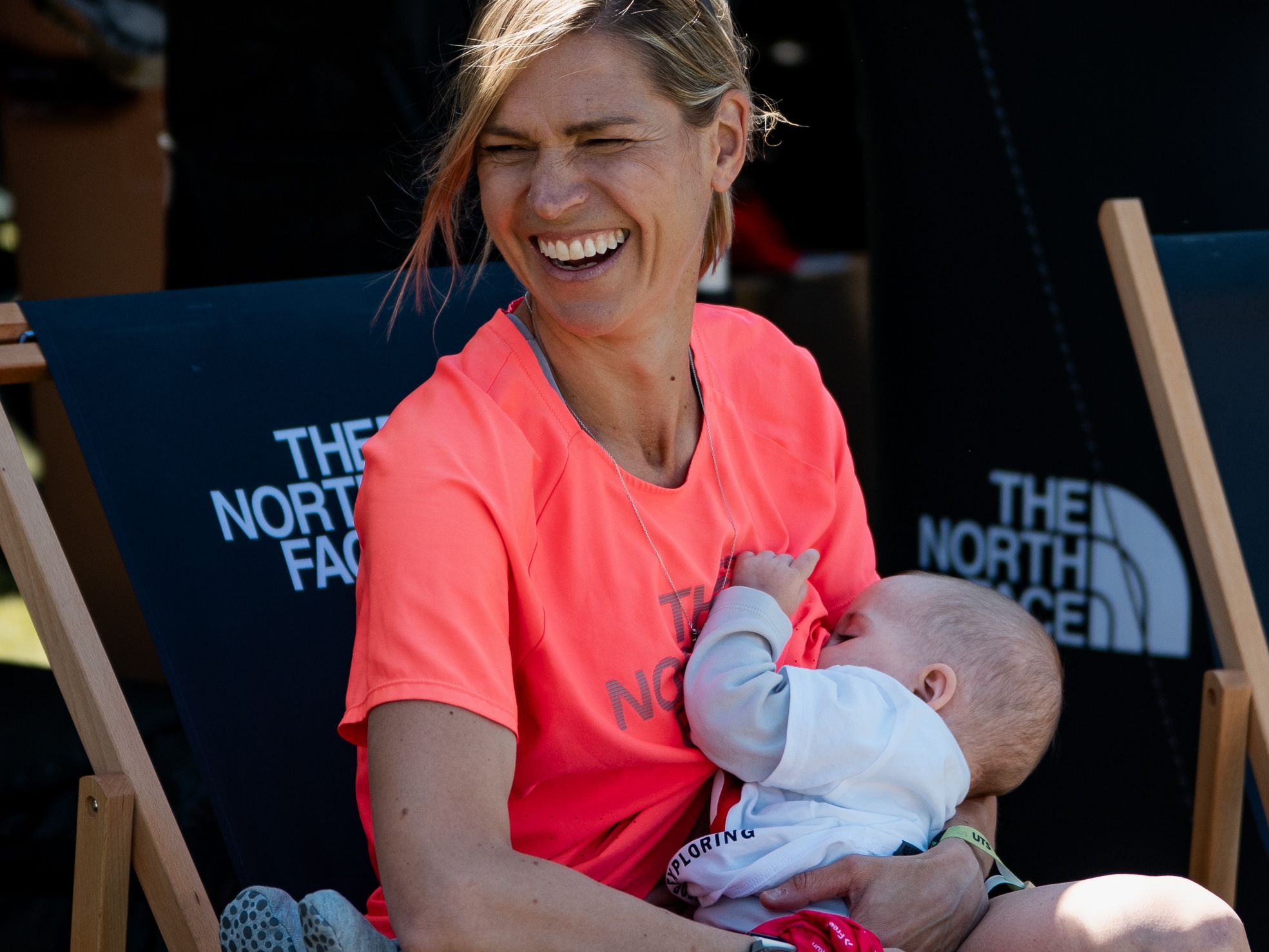 caption: Stephanie Case won an ultramarathon race in Wales, running more than 60 miles over rough terrain — and stopping three times to breastfeed her 6-month-old baby, Pepper.