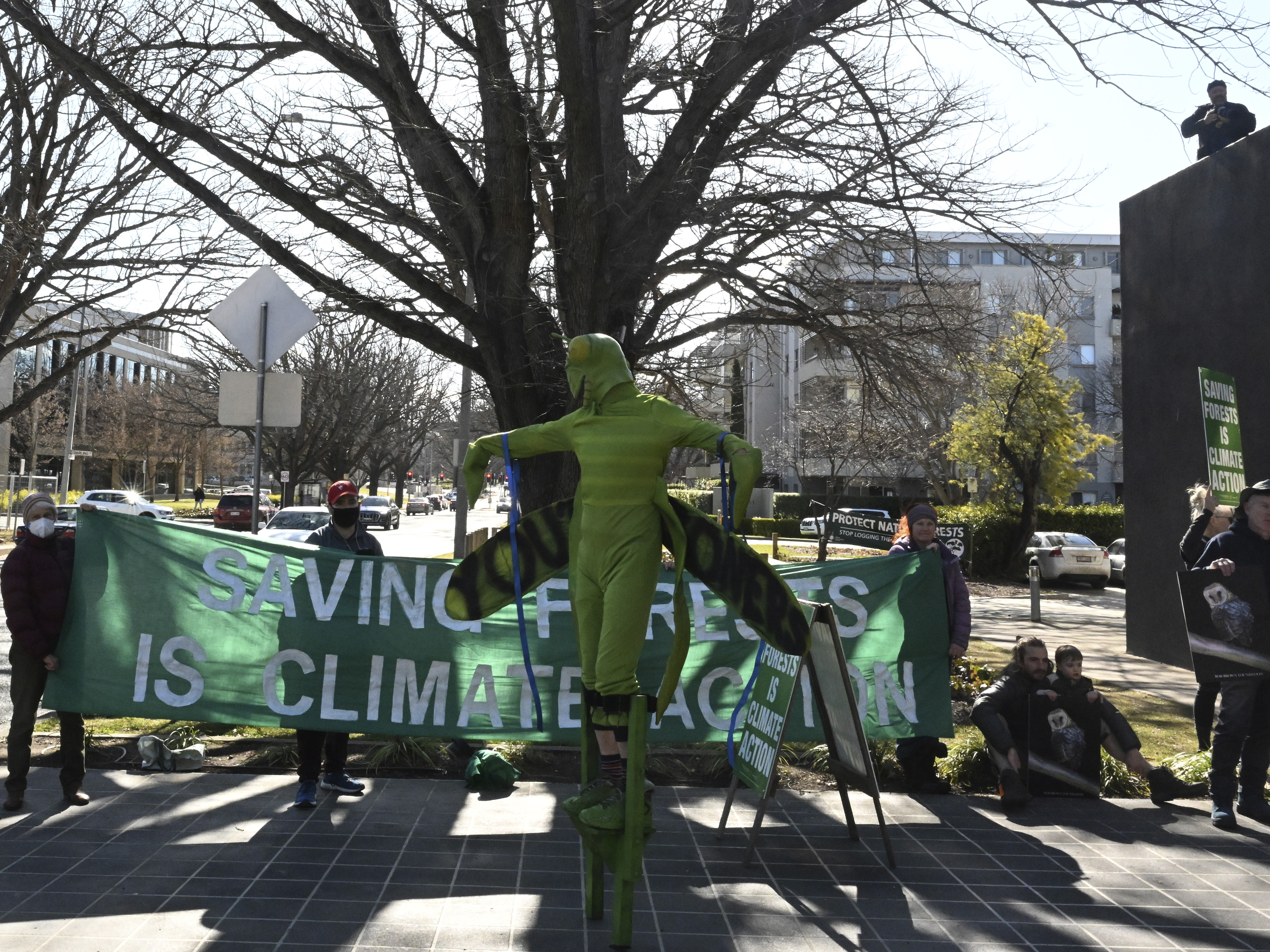 caption: Environmental activists protest outside the National Press Club, where minister for the Environment and Water, Tanya Plibersek, is scheduled to speak, in Canberra, Tuesday, July 19, 2022.