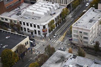 caption: The intersection of University Way Northeast and Northeast 45th Street is shown on Monday, October 5, 2019, from UW Tower in Seattle.