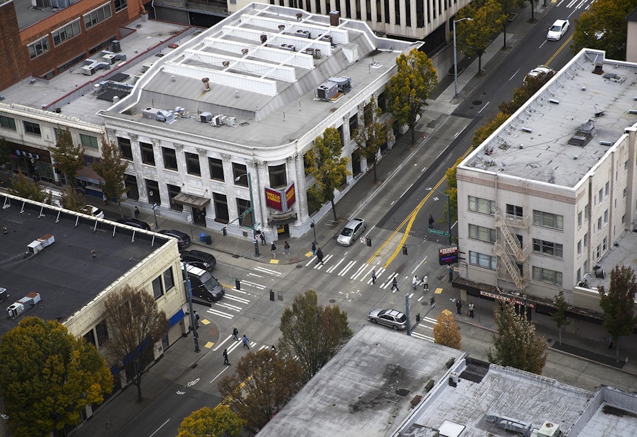 caption: The intersection of University Way Northeast and Northeast 45th Street is shown on Monday, October 5, 2019, from UW Tower in Seattle.