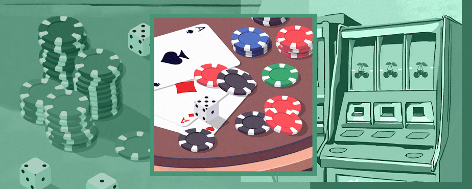 caption: Animation of a casino table with cards and poker chips against a green background of a casino floor and slot machines. Reference illustrations courtesy of Canva and Istock.