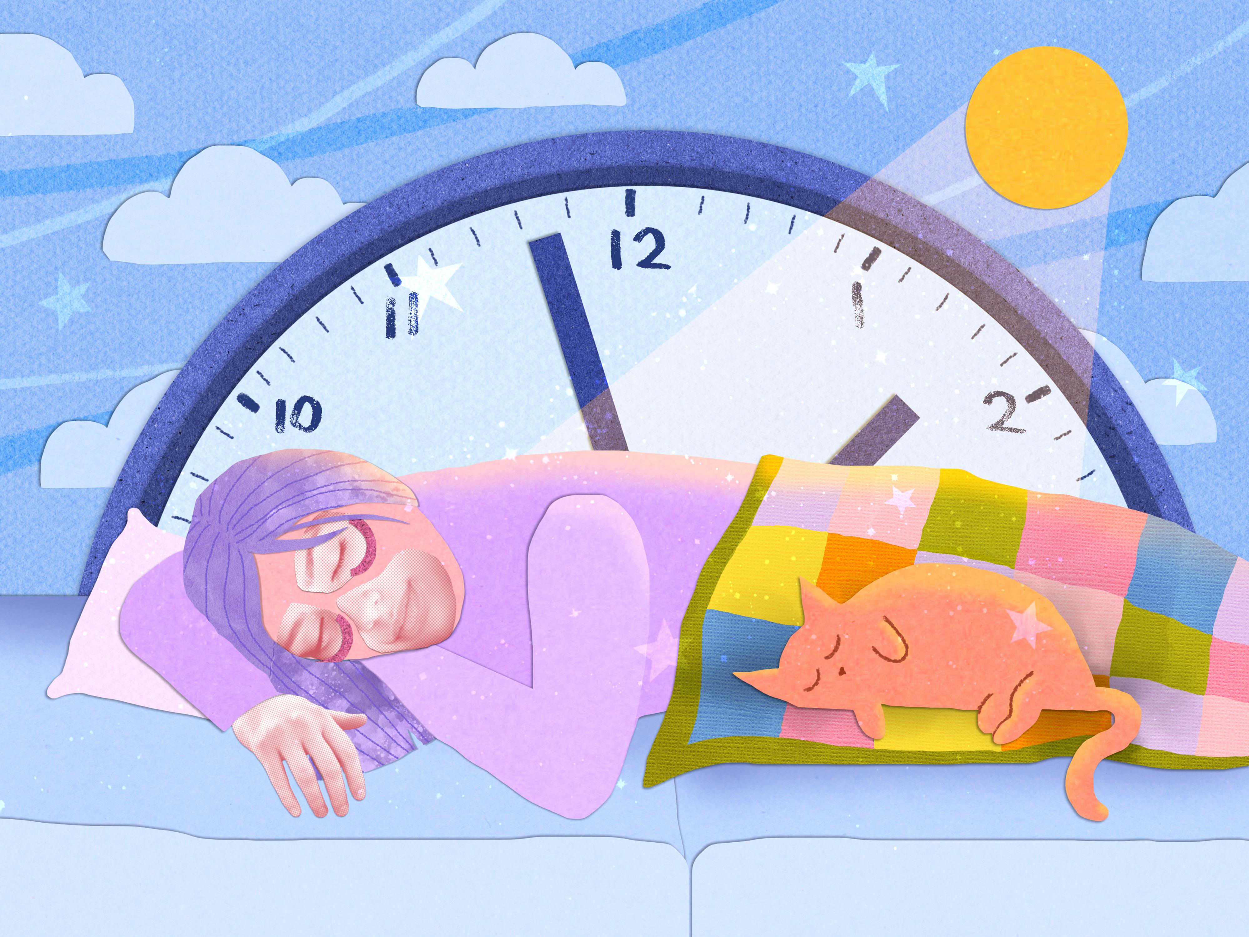 Illustration of a woman taking a good nap on a couch next to a cat. Behind her is a clock set to 2 pm. She naps in a ray of sunlight.