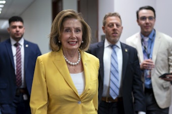 caption: Former Speaker of the House Nancy Pelosi, D-Calif., arrives for a closed-door Democratic Caucus meeting at the Capitol in Washington on July 18.