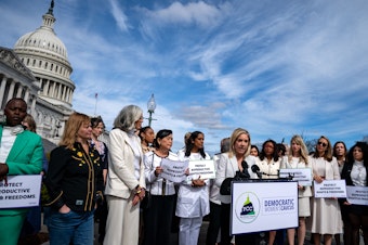 caption: Amanda Zurawski, a guest to the State of the Union of Rep. Katherine Clark, D-Mass., speaks during a news conference held by members of the Pro-Choice Caucus and Democratic Women's Caucus at the U.S. Capitol on Thursday.