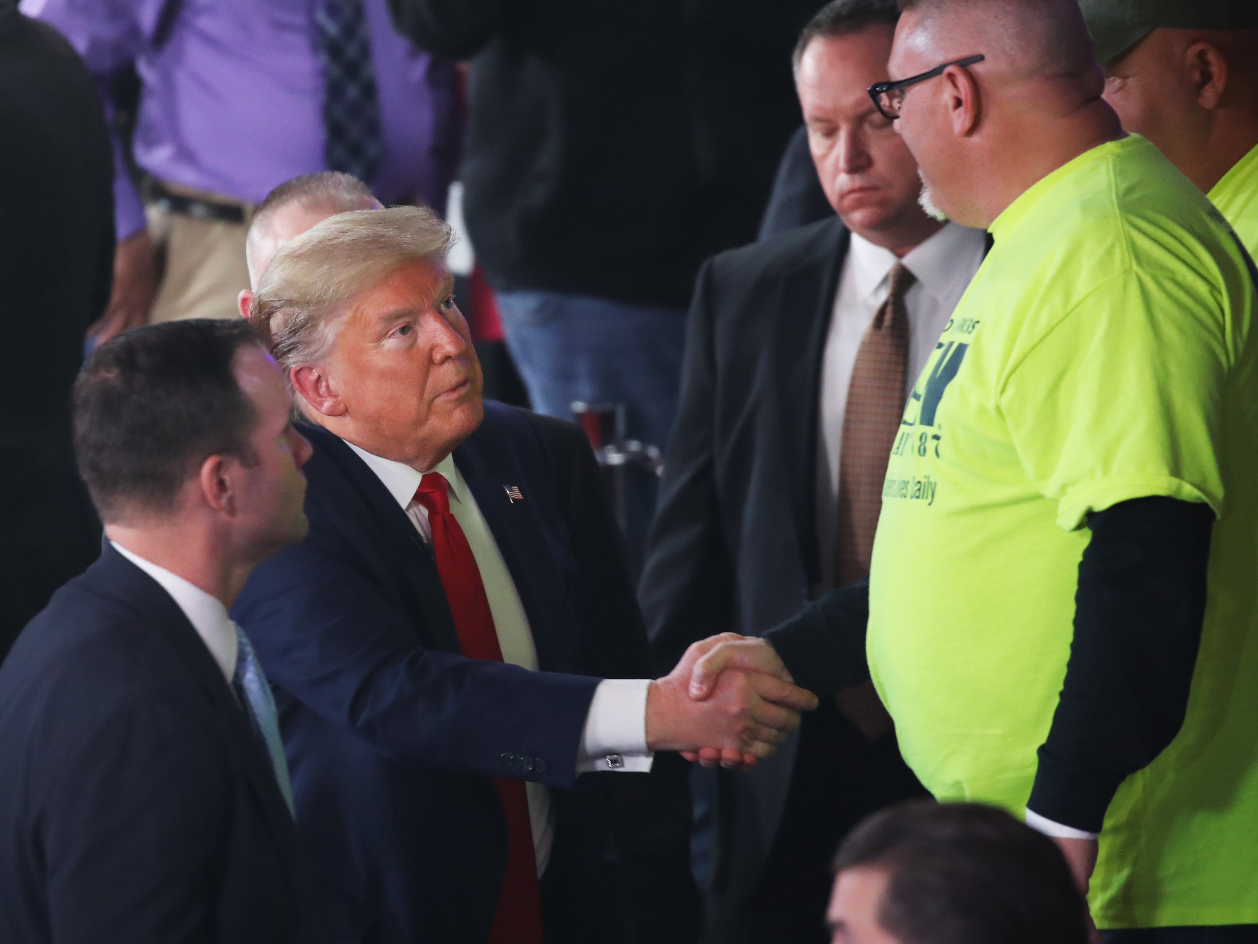 caption: President Trump greets a supporter following a Fox News Town Hall Thursday in Scranton, Pa.