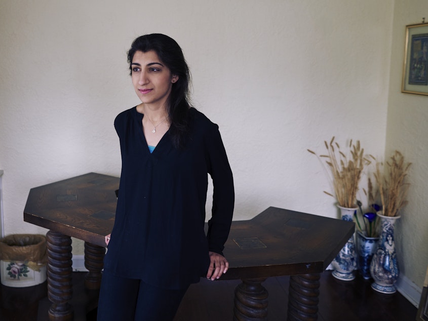 caption: Lina Khan, here at her home in Larchmont, N.Y., in 2017, has been nominated to the Federal Trade Commission.