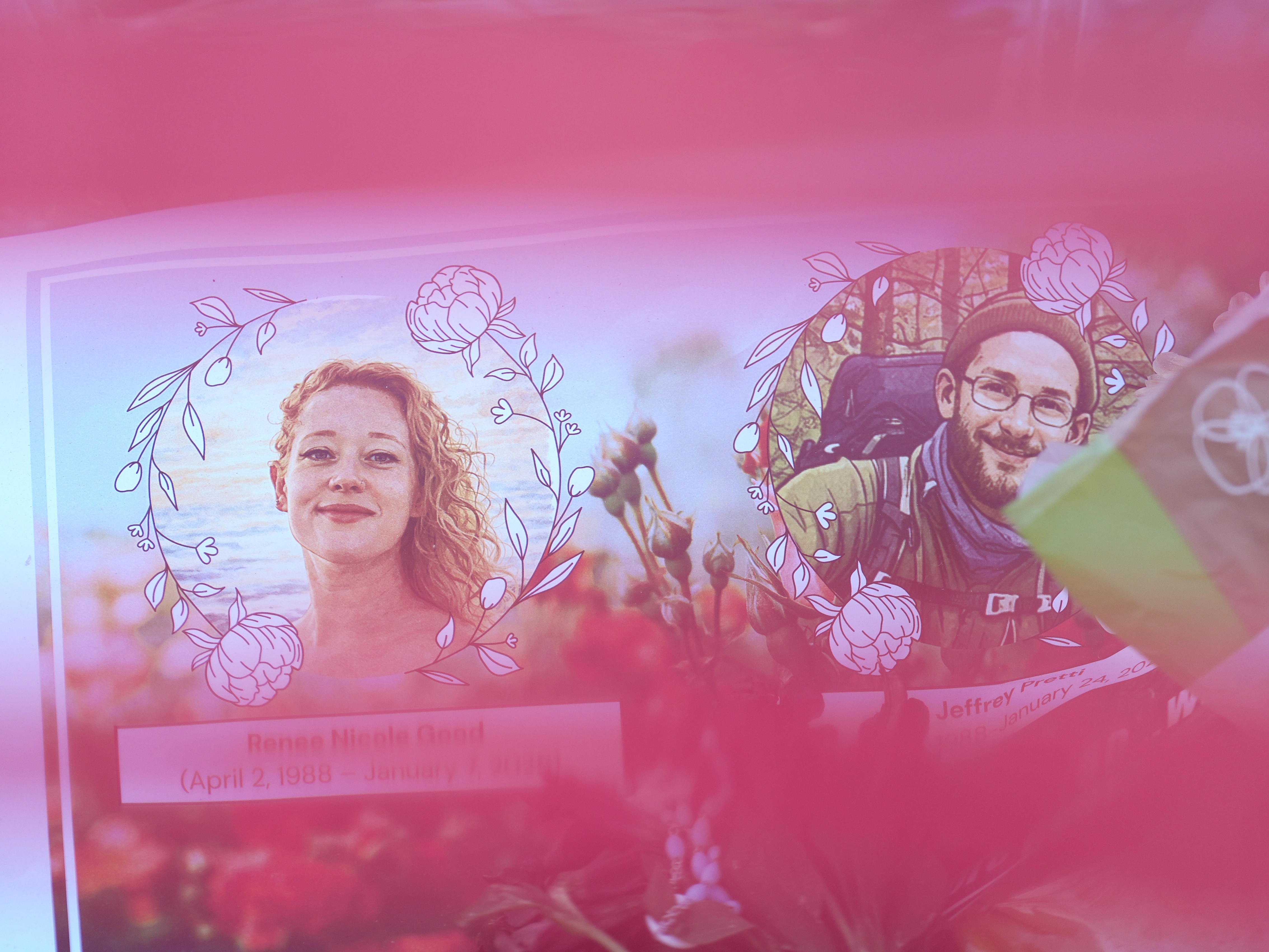 caption: Images of Renee Macklin Good (left) and Alex Pretti, who were both shot and killed by federal immigration officers, are seen at a makeshift memorial at the site where Pretti was killed in Minneapolis.