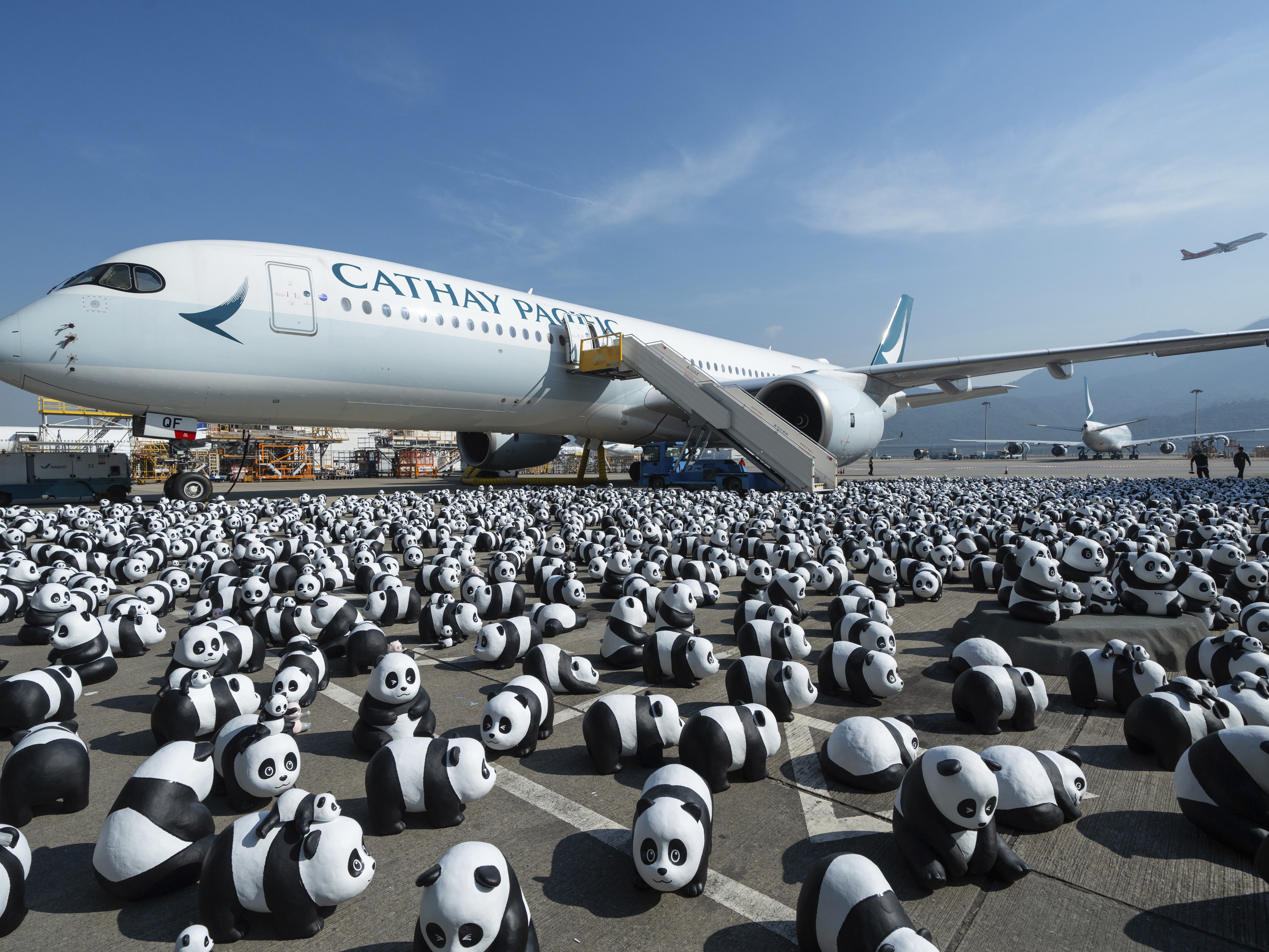 caption: Part of 2500 panda sculptures are displayed at the Hong Kong International Airport during a welcome ceremony of the panda-themed exhibition "Panda Go!" in Hong Kong, on Monday.