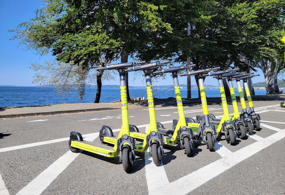 caption: A row of parked LINK scooters next to Alki Beach in West Seattle on July 28, 2022.