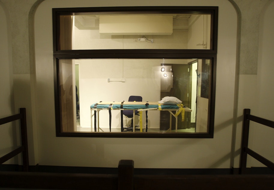 caption: In this Nov. 20, 2008, file photo, the execution chamber at the Washington State Penitentiary is shown as viewed from the witness gallery, in Walla Walla, Wash.