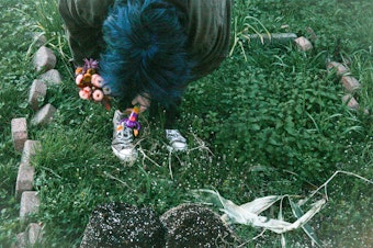 caption: Kai in a garden bed with blue hair and a bouquet of flowers in his hand. 