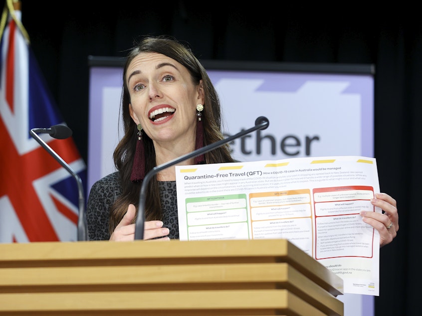 caption: Prime Minister Jacinda Ardern announced that quarantine-free travel between New Zealand and Australia will start on April 19.