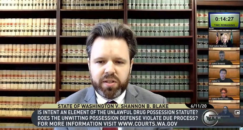 caption: Attorney Richard Lechich argues on behalf of his client Shannon Blake before WA Supreme Court on June 11, 2020.