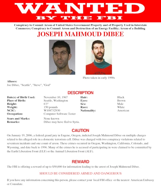 caption: The FBI put out a wanted poster with a $50,000 reward, searching for Joseph Dibee after he was indicted for his alleged role in crimes committed by the Earth Liberation Front or the Animal Liberation Front.
