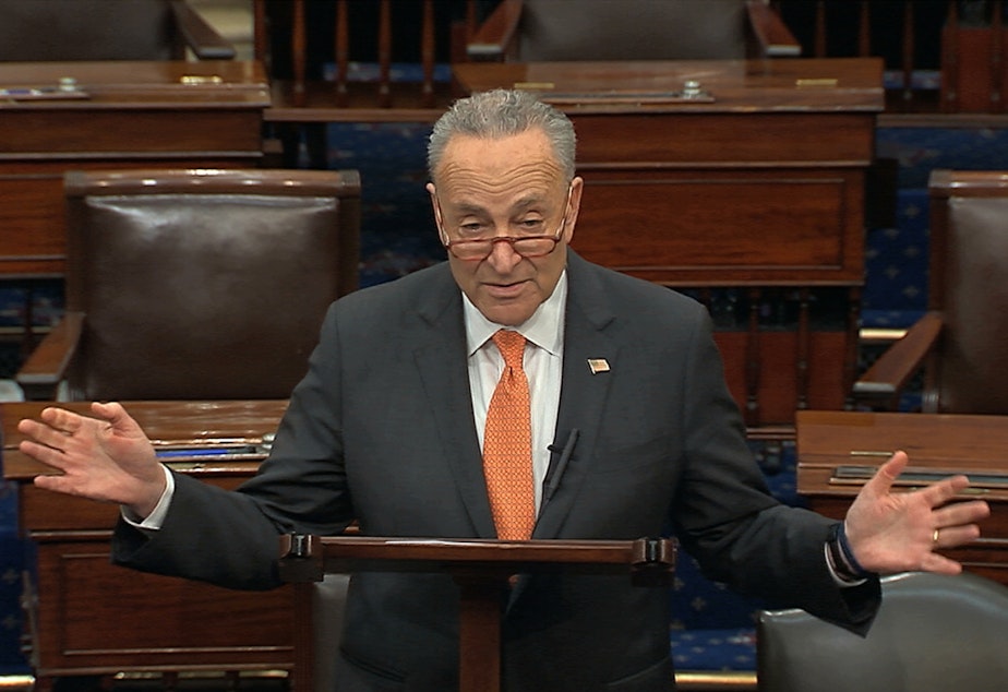 caption: In this image from video, Senate Minority Leader Chuck Schumer speaks on the Senate floor on Saturday.