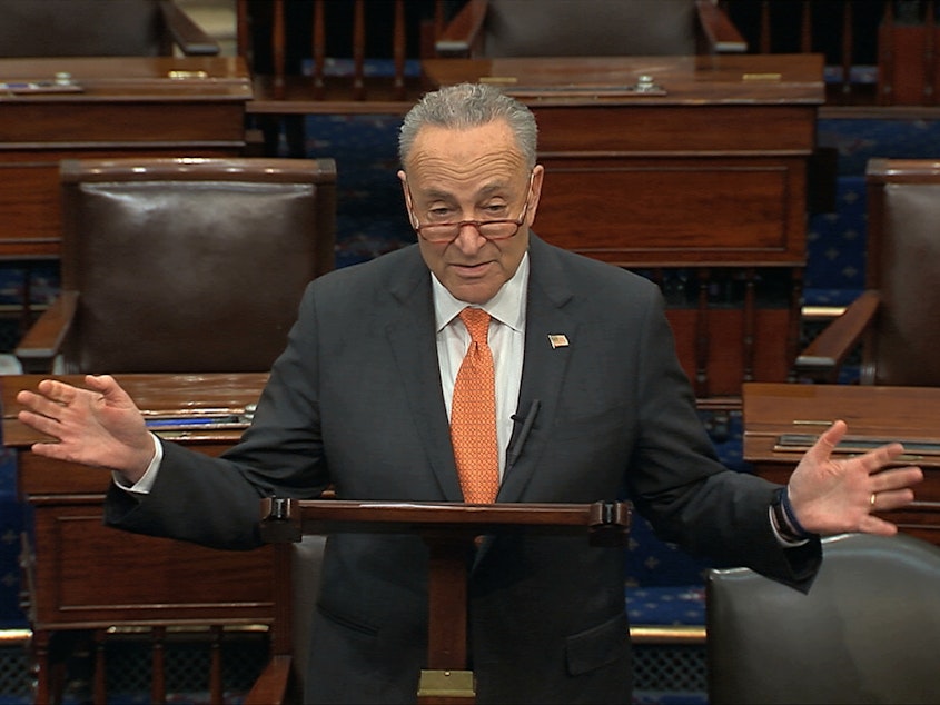 caption: In this image from video, Senate Minority Leader Chuck Schumer speaks on the Senate floor on Saturday.