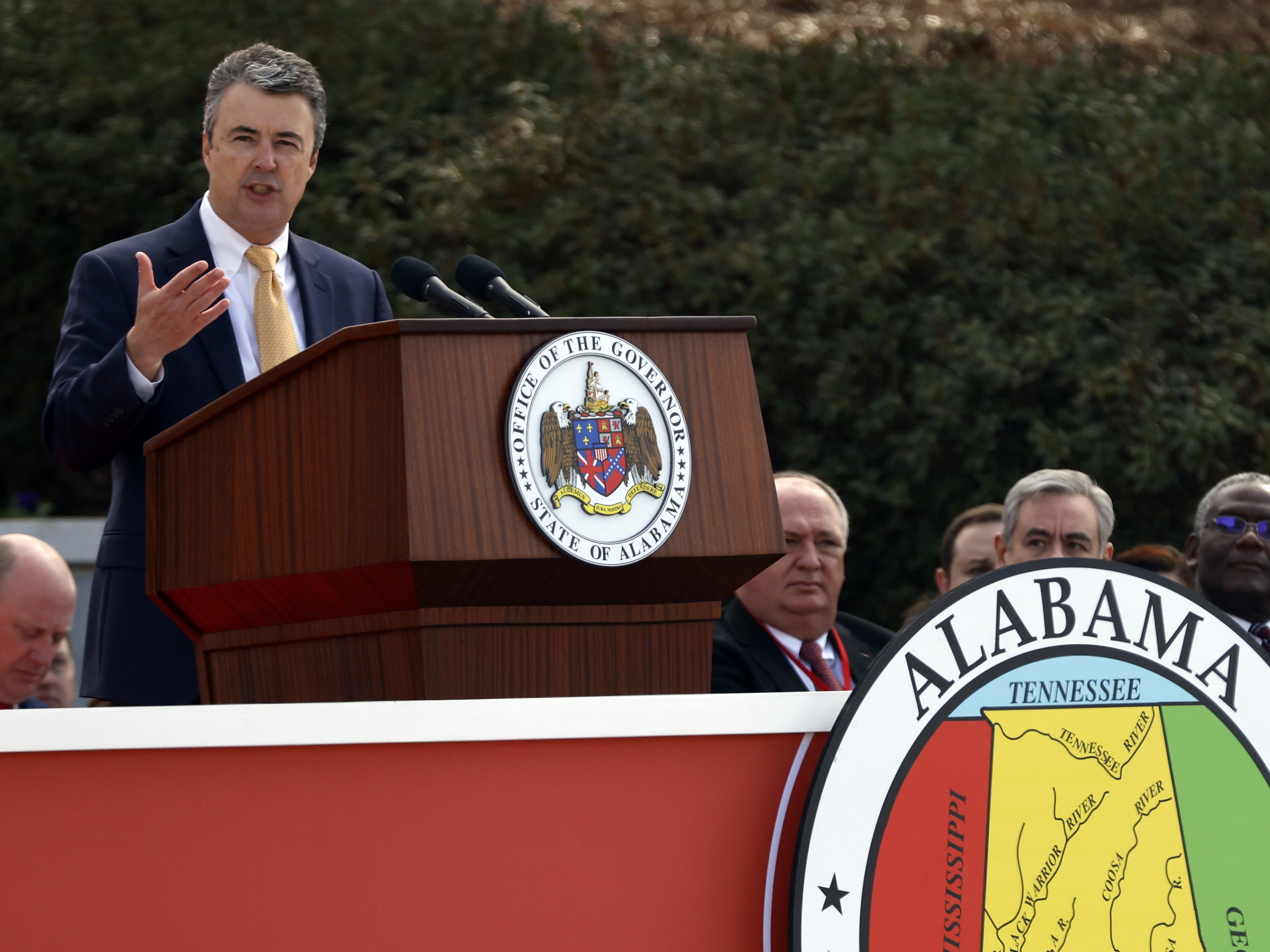 caption: Alabama Attorney General Steve Marshall speaks during inauguration ceremonies on the steps of the state capitol in Montgomery, Ala. on Jan. 16, 2023.