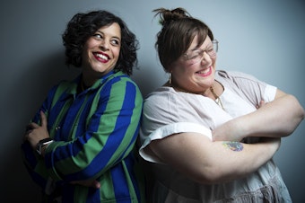 caption: Co-hosts of Text Me Back podcast Meagan Hatcher-Mays, left, and Lindy West, right, portrayed on Friday, February 16, 2024, in Seattle.