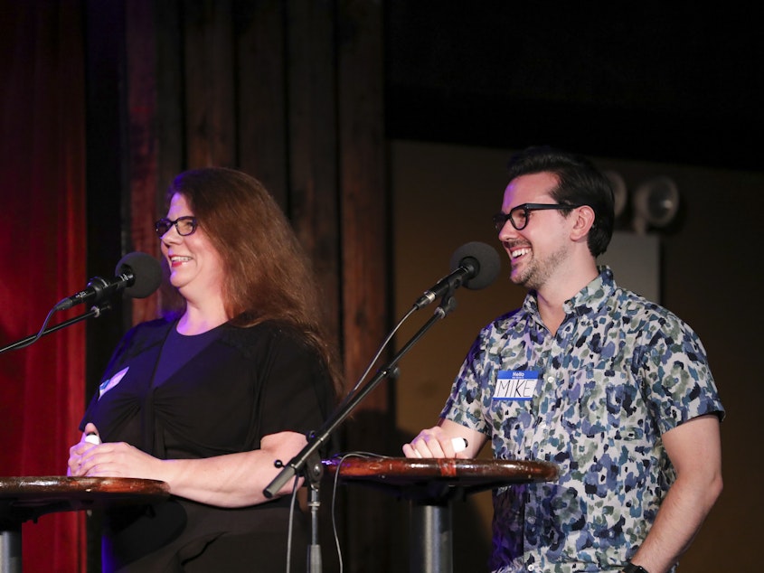 caption: Contestants Alysa O'Shea and Mike Racioppa appear on <em>Ask Me Another</em> at the Bell House in Brooklyn, New York.