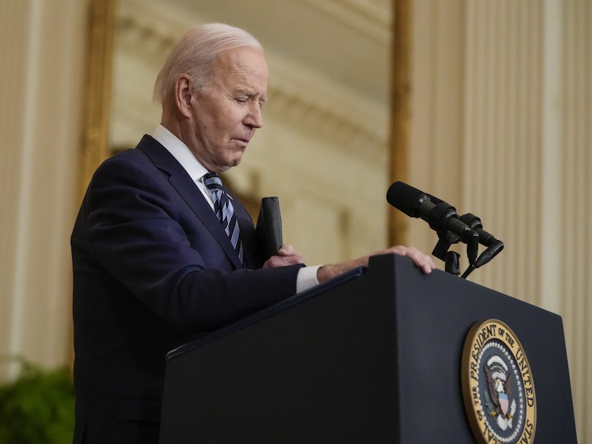 caption: The latest NPR/<em>PBS NewsHour</em>/Marist survey, which was conducted before Russia's invasion of Ukraine, has stark numbers for President Biden.