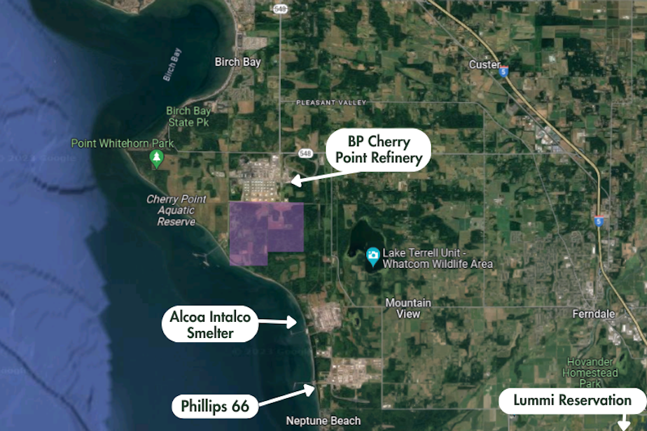 caption: Cherry Point, near Ferndale, Washington, is home to multiple industrial operations, such as the Phillips 66 oil refinery, the Alcoa Intalco aluminum smelter, and BP's Cherry Point oil refinery which is the largest refinery in the Northwest. The highlighted area is a rough approximation of where BP aims to purchase property and potentially expand operations. The Lummi Nation calls this area "Xwe’chi’eXen," and considers it a heritage/cemetery site where many members have been buried in the past. 