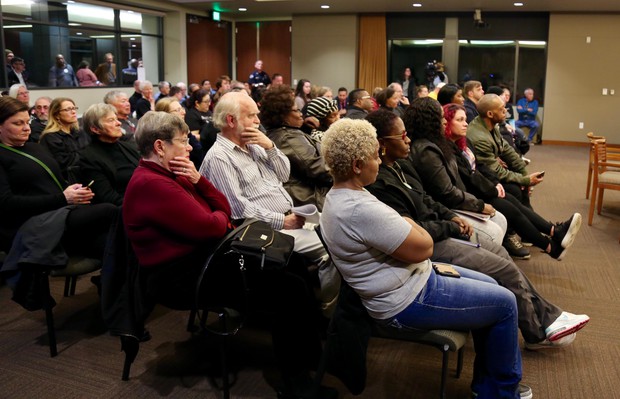 caption: <p>Dozens of people gather at City Hall in Vancouver, Wash., on Monday, March 25, 2019, to address city leadership on police shootings.&nbsp;Vancouver police shot four people, three fatally, in the span of five weeks in February and&nbsp;March.</p>