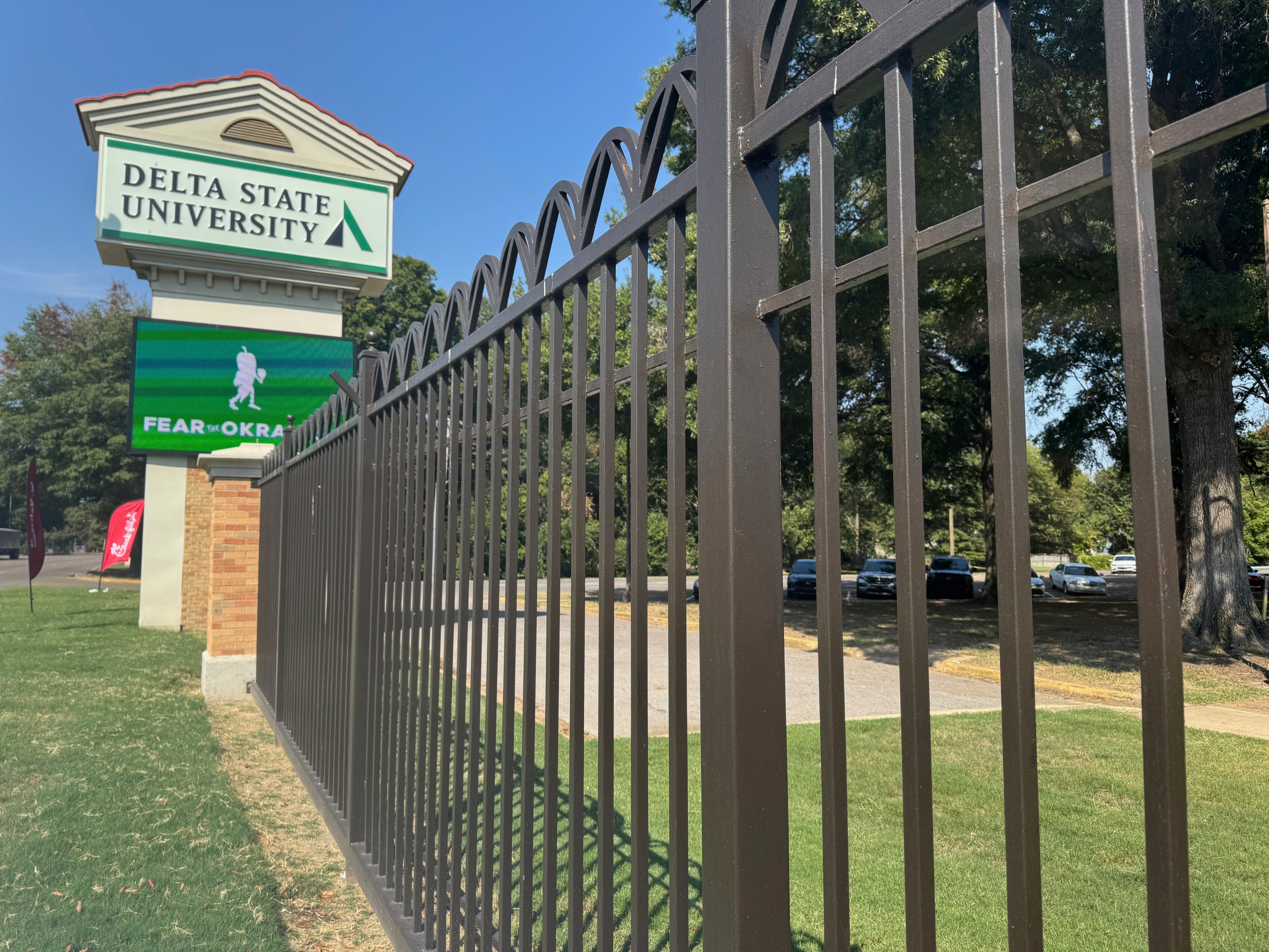 caption: Delta State University sign on the campus grounds, Wednesday, Sept. 17, 2025 in Cleveland, Miss.