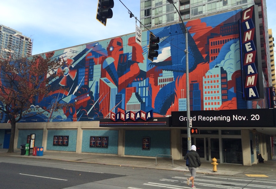 caption: Cinerama's new mural by Seattle design studio Invisible Creatures features fictitious movie characters and scenes.