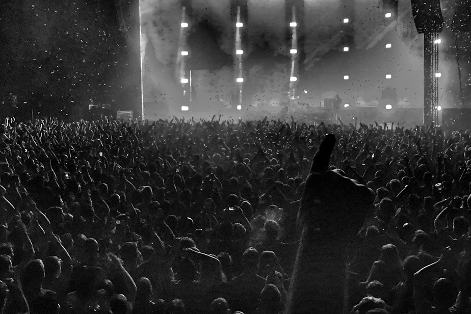 caption: Music hall crowd cheers