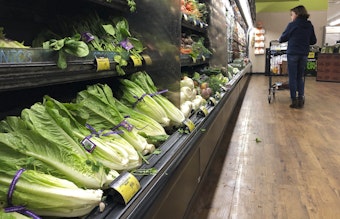 caption: Romaine lettuce still sits on the shelves as a shopper walks through the produce area of an Albertsons market Tuesday, Nov. 20, 2018, in Simi Valley, Calif. (Mark J. Terrill/AP)