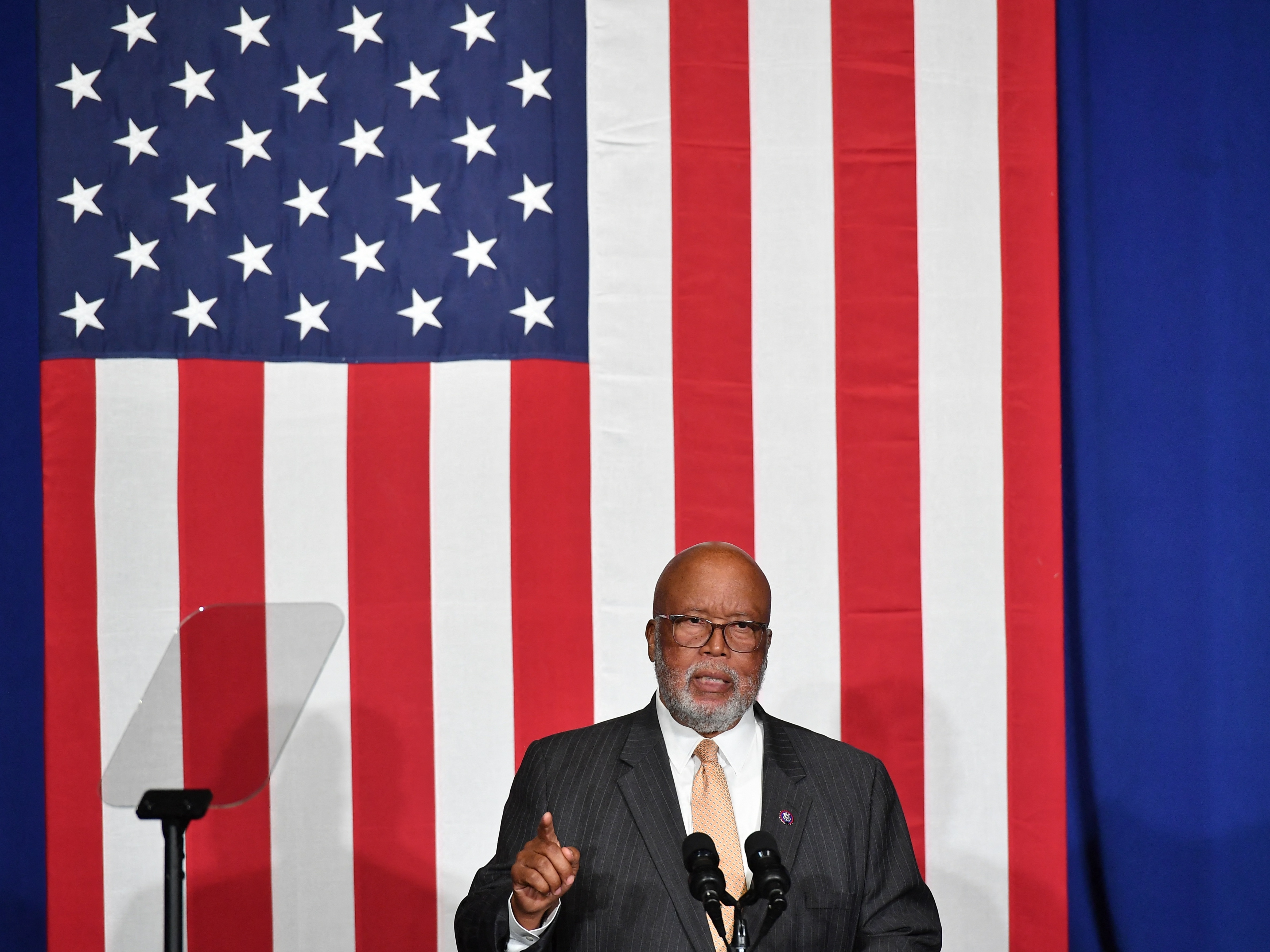 caption: Rep. Bennie Thompson, D-Miss., introduces U.S. Vice President Kamala Harris at Delta Center Stage in Greenville, Miss., on April 1, 2022.