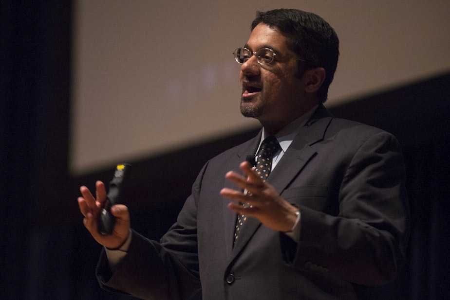 caption: Shankar Vedantam, science correspondent for NPR, addresses the U.S. Coast Guard Academy Corps of Cadets April 4, 2016 as the keynote speaker for the Academy's Eclipse Week. 