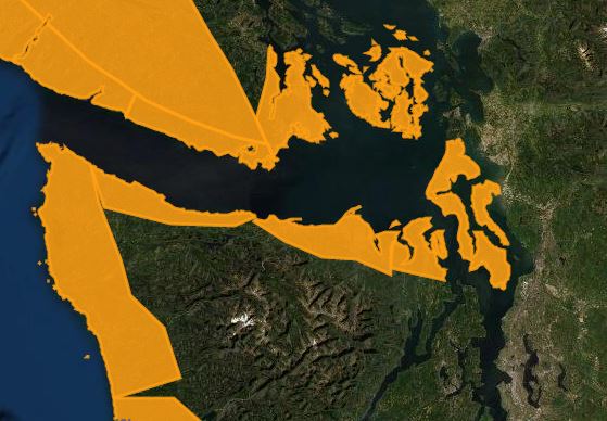 caption: A map of areas where tsunami waves were expected Saturday, Jan. 15, 2022 after a tsunami warning was issued for the region. 