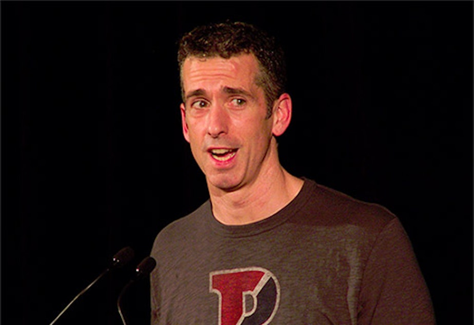 caption: Dan Savage speaking at Western University, March 2012.