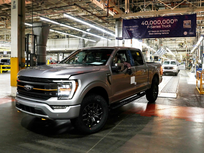 caption: The 40 millionth F-Series truck rolls off the assembly line at the Ford Dearborn Truck Plant on Jan. 26, 2022 in Dearborn, Mich.