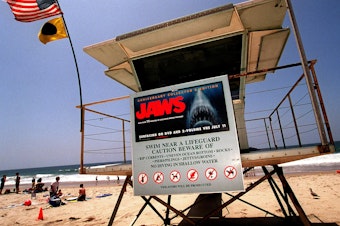 caption: A poster advertising the anniversary collector's edition of the movie <em>Jaws</em> is posted on a lifeguard tower in 2000 on Zuma Beach in Malibu, Calif.