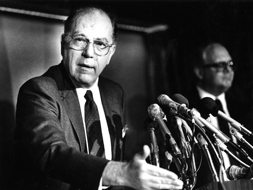caption: Lyndon LaRouche speaks at a press conference in Washington, D.C. in 1988. He ran for president eight times.