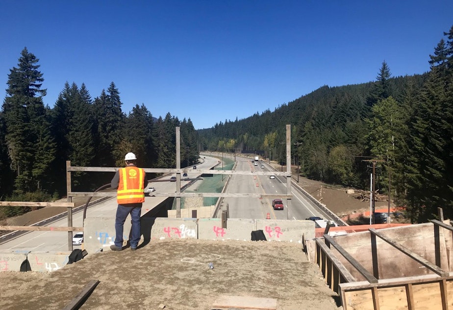 caption: The Interstate-90 project also includes multiple wildlife undercrossings, seen from atop a wildlife bridge. CREDIT: COURTNEY FLATT/NWPB