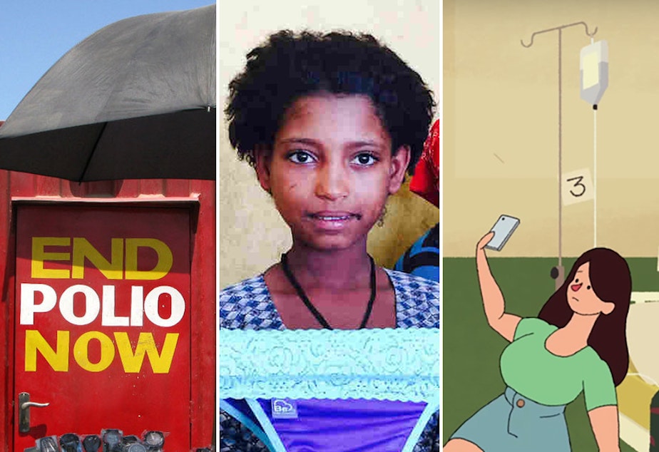caption: From left: Sekou Sheriff, of Barkedu village in Liberia, whose parents died at<strong> </strong>an Ebola treatment center; a polio vaccination booth in Pakistan; a schoolgirl in Ethiopia examines underwear with a pocket for a menstrual pad; an image from a video on the ethics of selfies; Consolata Agunga goes door-to-door as a community health worker in her village in Kenya.
