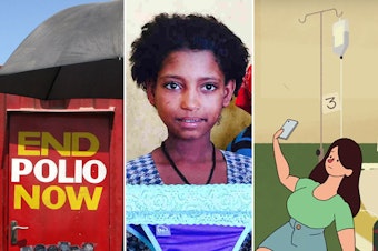 caption: From left: Sekou Sheriff, of Barkedu village in Liberia, whose parents died at<strong> </strong>an Ebola treatment center; a polio vaccination booth in Pakistan; a schoolgirl in Ethiopia examines underwear with a pocket for a menstrual pad; an image from a video on the ethics of selfies; Consolata Agunga goes door-to-door as a community health worker in her village in Kenya.