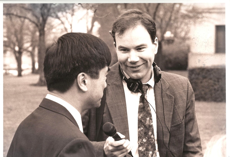 caption: KUOW and Northwest News correspondent Tom Banse (right) interviews then Washington Governor Gary Locke in 1997. 