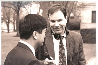caption: KUOW and Northwest News correspondent Tom Banse (right) interviews then Washington Governor Gary Locke in 1997. 