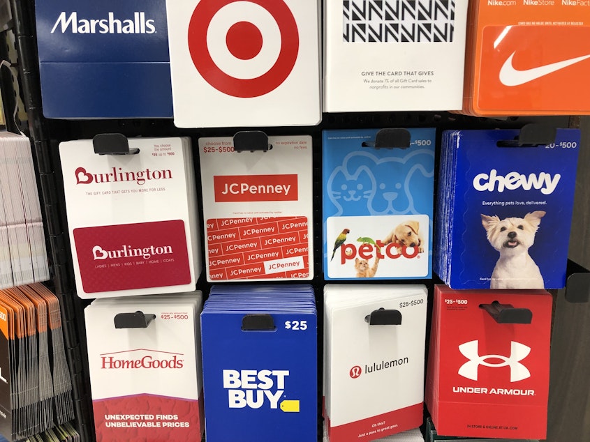 caption: A gift card display at the Safeway store in Seattle's University District.