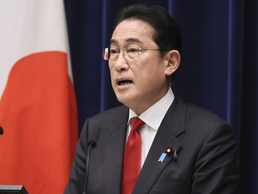 caption: Japanese Prime Minister Fumio Kishida speaks during a news conference at his official residence in Tokyo on March 17, 2023. Kishida was seen Tuesday, March 21, heading to Kyiv for talks with Ukrainian President Volodymyr Zelenskyy.