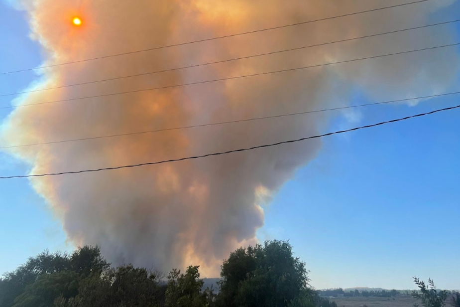 caption: On Friday, Aug. 18, 2023, Spokane County Fire District 8 reported that the Gray Fire had jumped to the east side of Silver Lake, where it was burning multiple structures, including cell towers in the area.