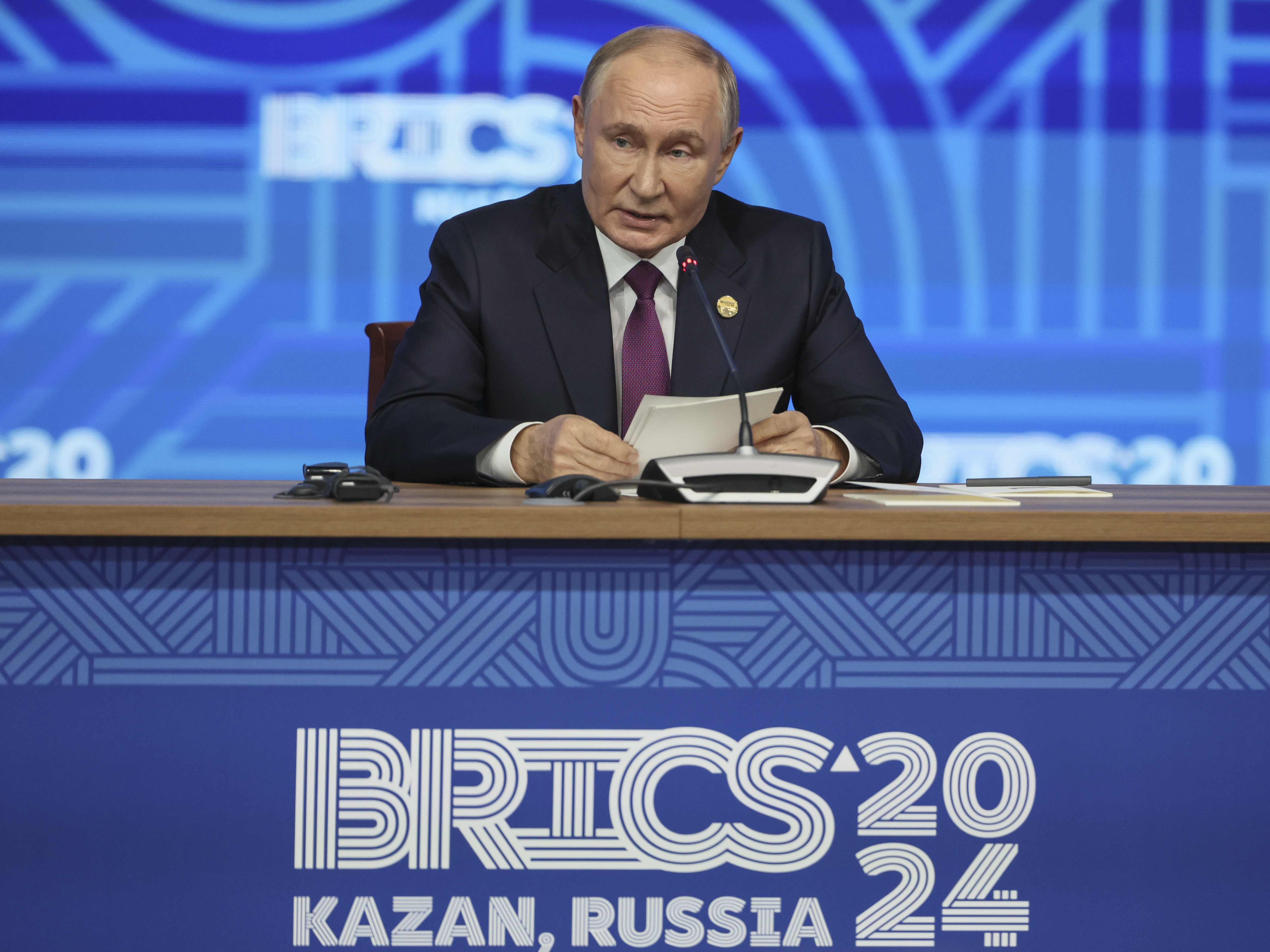 caption: Russian President Vladimir Putin holds a press conference at BRICS Summit in Kazan, Russia, Thursday, Oct. 24, 2024