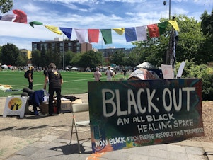 caption: A corner of CHOP was preserved for Black people only -- an "all black healing space." The sign asked that "non-Black fol please respect this perimeter," on Friday, June 19, 2020. June 19 is Juneteenth, the day that enslaved people in Texas learned they had been emancipated -- two years after the Emancipation Proclamation.
